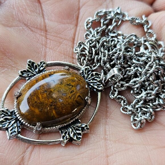 Vintage Pendant Women Necklace Brown Stone Silver Tone Chain Fashion Jewelry - Picture 2 of 12